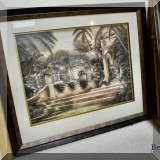 A24. Tropical garden and colonial building print signed ”B. Brown.” Frame: 27.5h” x 32.5w”